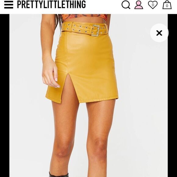 NWT🔥 Mustard Faux Leather Belted Mini Skirt - Pretty Little Thing - Picture 2 of 5